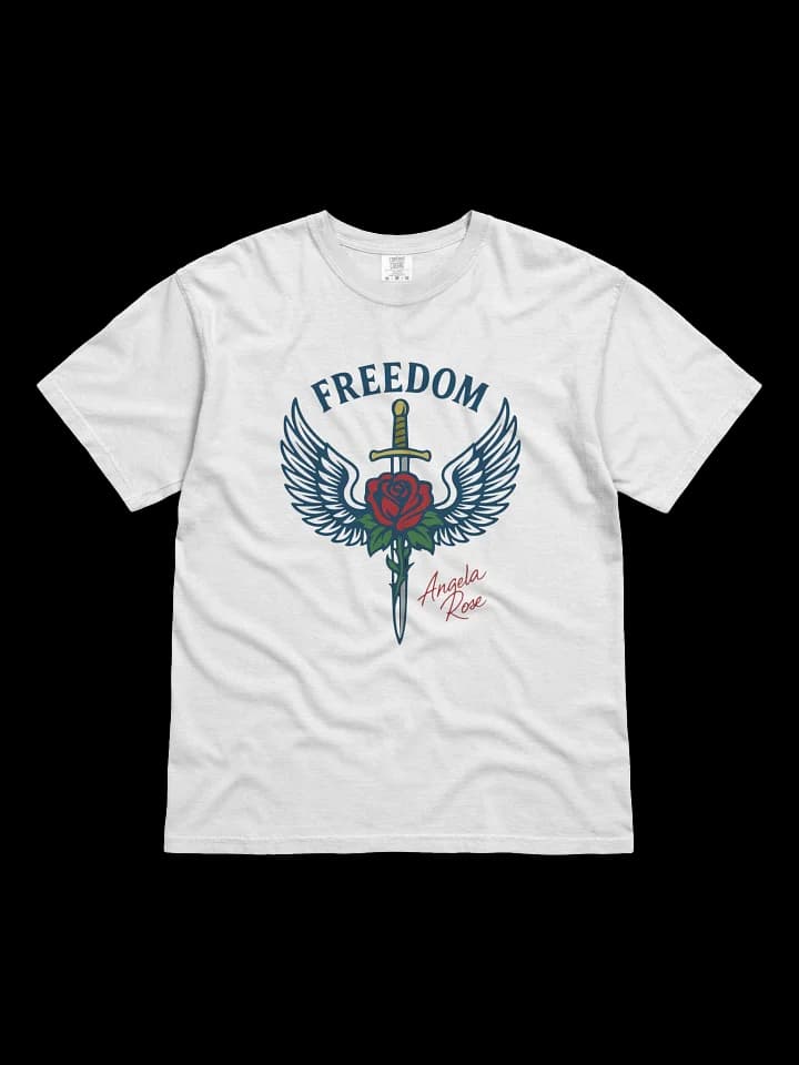 White T-shirt with a winged sword through a red rose under the word FREEDOM, signed Angela Rose